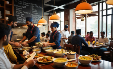 Person pointing at food items displayed in a glass counter at a restaurant or bar